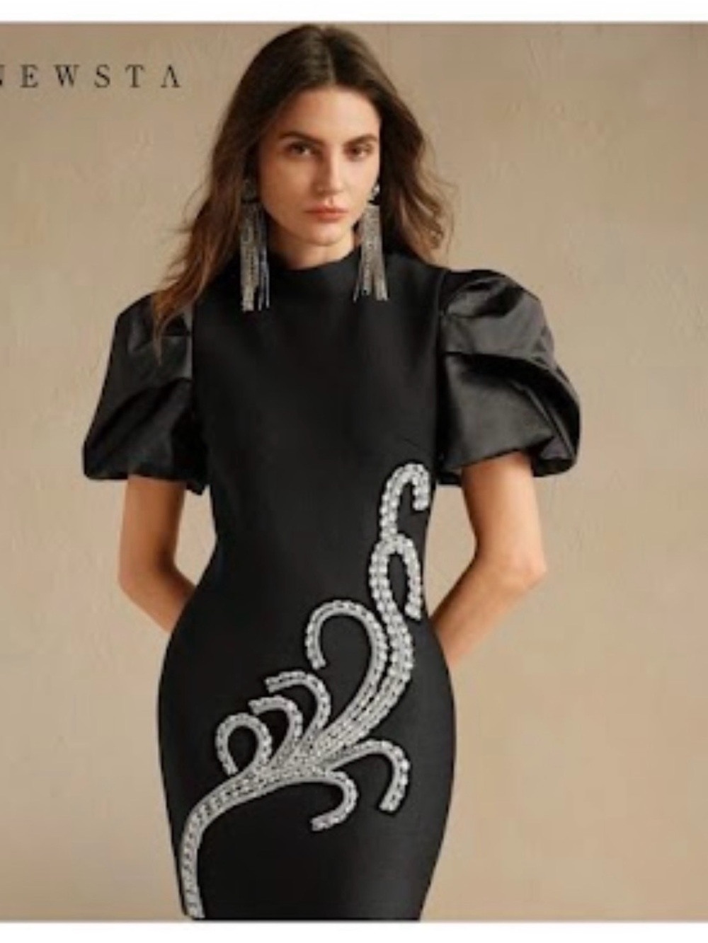 SHEIN Black Mini Dress with Puff Satin Sleeves and Crystal Swirl - Picture 3 of 4